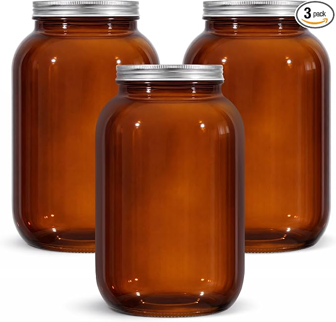 Norme 3 Pcs 1 Gallon Wide Mouth Mason Jars, 128 oz Amber Glass Jars with Lids Large Wide Flour Sugar Storage Containers, Glass Container for Fermented Food, Sourdough Starter, Food Storage