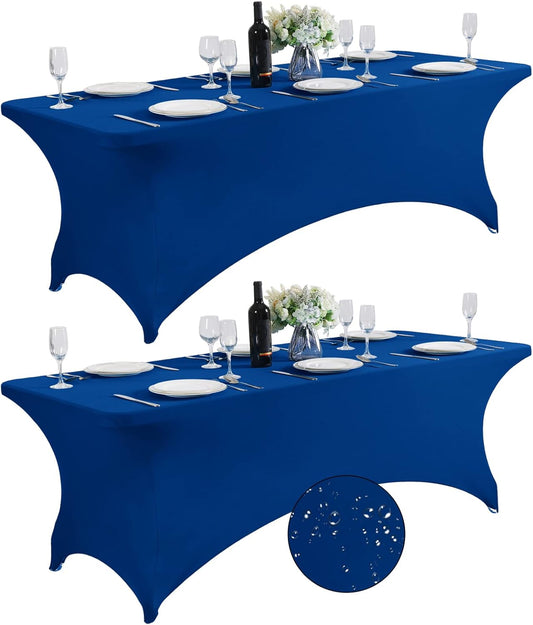 SuperO 2Pack Waterproof Spandex Table Cover for 8FT Table Universal Fitted Stretch Tablecloth for Party, Banquet, Wedding and Events-Classic Blue