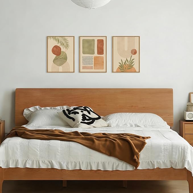 Boho Sage Green Framed Canvas Wall Art,Abstract Geometric Beige Wall Decor,Mid Century Modern Art Prints,Neutral Botanical Leaf Artwork for Living Room,Bedroom,Office -12"x16"x3