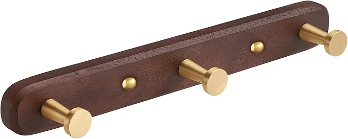 Wall Mounted Coat Rack, Entryway Hanging Coat Rack, Metal Wood Coat Rail with 3 Rustic Hooks Rail for Coat, Scarf, Bag, Towel, Key, Cap, Hat,Walnut Gold Matt