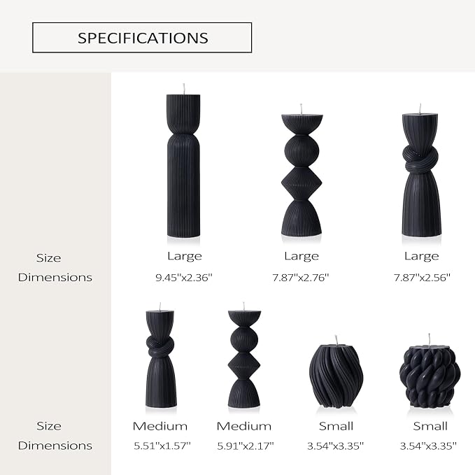7 Pcs Large Ribbed Pillar Candles - Handmade Soy Wax Candles for Home Decor, Modern Shelf Decor, Housewarming Gift, Aesthetic Room Decor (Black)