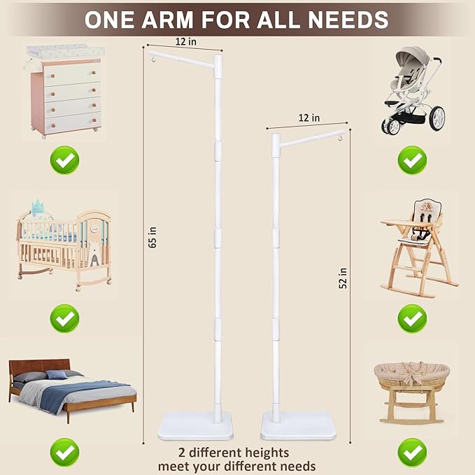 White Floor-Standing Crib Mobile Arm with Music Box - 65" Wooden Mobile Stand for Crib - 100% Beech Wood, 12 Lullabies, Volume Control - Rotating Crib Mobile Motor - Baby Mobile Hanger & Nursery Decor