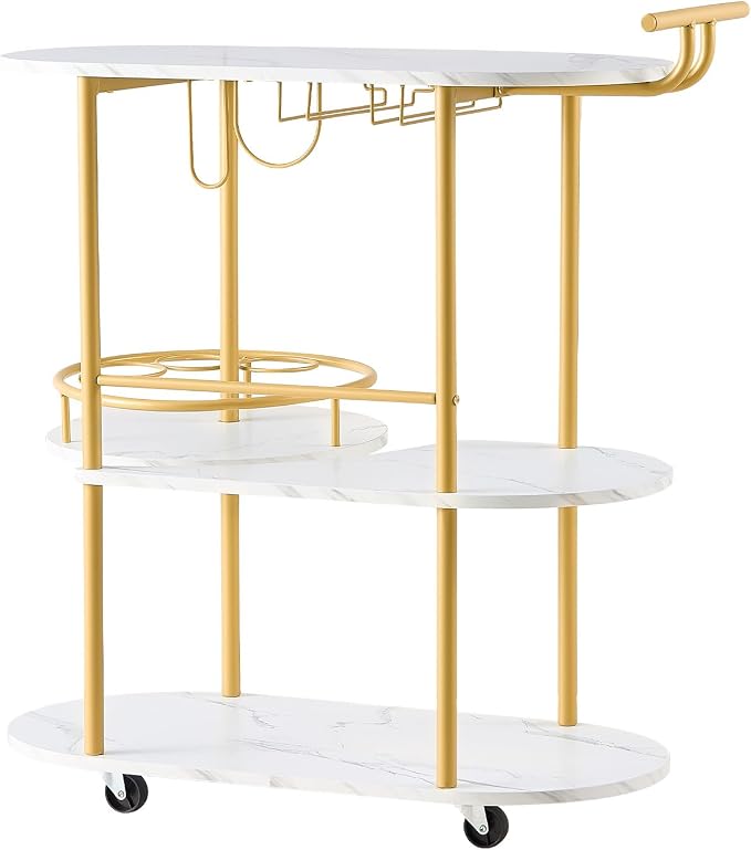 VEVOR Bar Cart, 3 Tiers Home Kitchen Serving Carts, Modern Round Rolling Utility Station on Wheels, Mobile Drink Beverage Trolley w/Wooden Shelf, Wine Rack, Glass Holder, for Living Dining Room, Gold