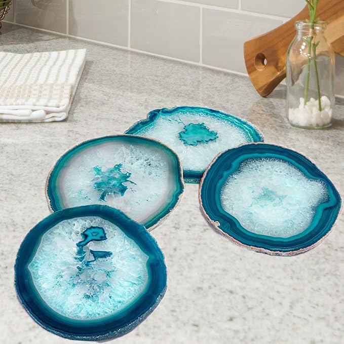AMOYSTONE Agate Geode Coasters for Drinks Crystal Stone Table Coasters Large Set of 4 Unique Gifts Dyed Teal 4-5"