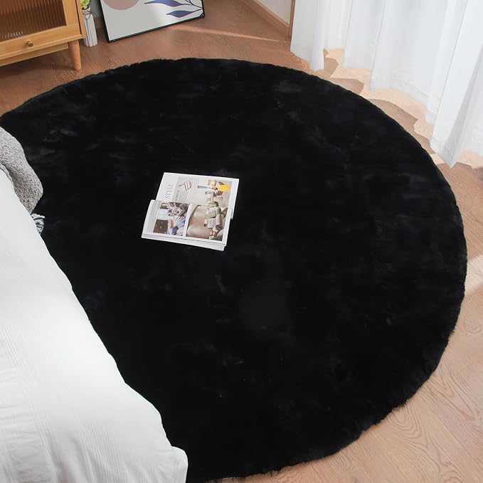 ORINOVA Black Round Plush Rugs for Bedroom Faux Bunny Fuzzy Washable Fur Area Rugs for Living Room Small Circle Nursery Rug 4ft Cute Room Décor