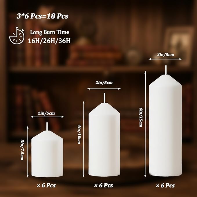 18 Pcs White Pillar Candles Bulk Set，3 Different Lengths 2 x 3/4/6 Inch (6 Each)，Hurricane Candles，Dripless Unscented Smokeless，Gives You a Better Atmosphere When Organizing an Event Party.