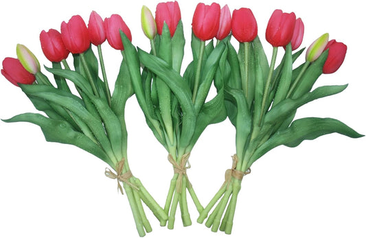 15pcs Artificial Tulips Flowers, Fake Tulips Real Touch, Faux Latex Bouquets, for Party Wedding Home Room Decoration (Rose Red)