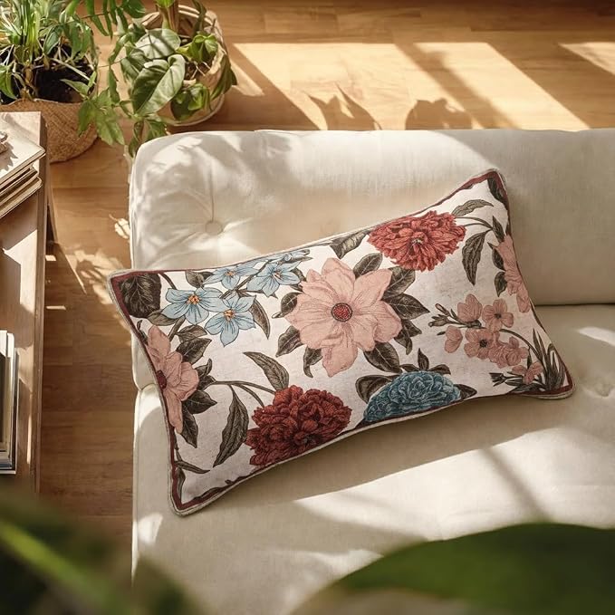 bilin gaier French Linen Throw Pillow Covers,20"x12" Set of 2-Burgundyred | Designer Vintage Elegant Rectangle Pillow Cover,Concealed Zipper,Floral Pattern,Sofas,Bedroom,Living Room,Lounge Chairs