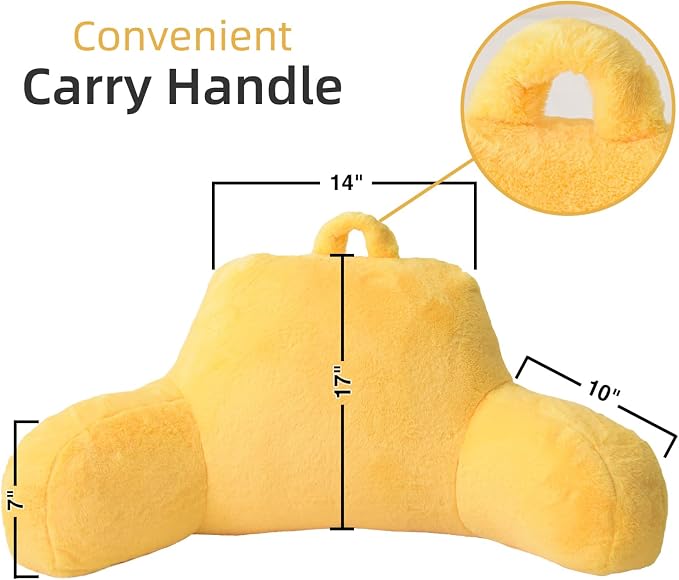 A Nice Night Faux Fur Reading Pillow Bed Wedge Large Adult Children Backrest with Arms Back Support for Sitting Up in Bed/Couch for Bedrest,Yellow