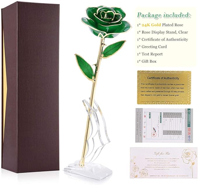 24K Gold Dipped Real Rose Flower, Golden Friend Romantic Love for Girlfriend Confidante Wife Grandma on Birthday Sweetest Day Halloween Thanksgiving Christmas, Green