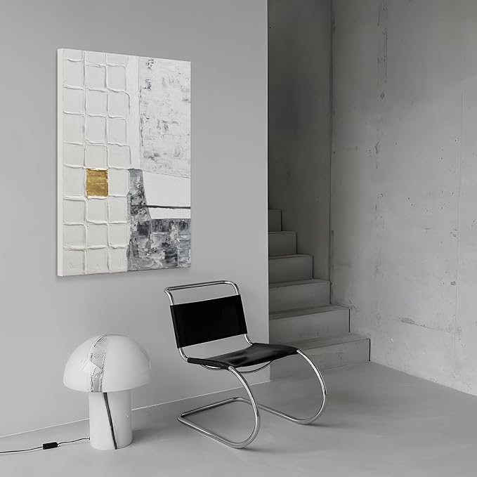 Modern Textured Abstract Blocks Wall Art, Gray White Oil Painting Artwork | Minimalist Neutral Hand-Painted Canvas Wall Art, Large Vertical Wall Decor for Living Room Bedroom 24x36 Inch, Ready to Hang