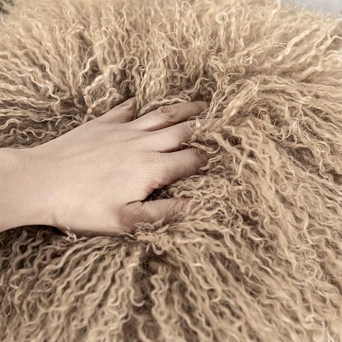 Mongolian Lamb Fur Throw Pillow Cover (18'' x 18'', Khaki) Real Sheep Fur Decorative Cushion Cover Case Home Decorative Square Throw Pillow Cover Plain Wool Pillow Protector