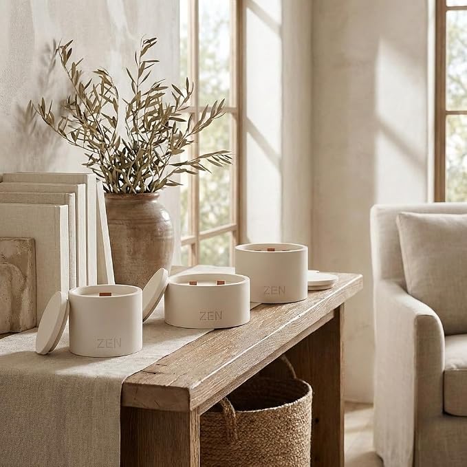 Zen Concrete Candle Lid – Cream Gray Minimalist Home Reusable Jar Plant Pot, Storage – (Cream, Large, NO5)