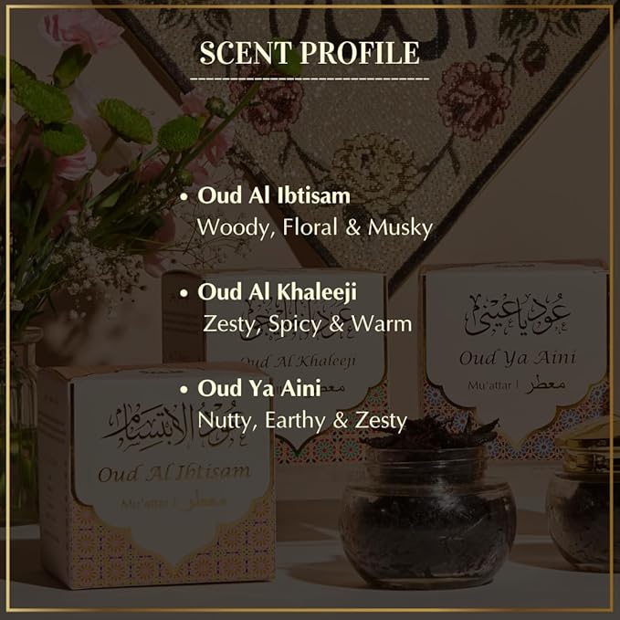 Dukhni Muattar Bakhoor – Oud Ya Aini, Al Khaleeji, Al Ibtisam. 3 x 40g Jars of Authentic Arabic BAKHOOR Incense – Wood Chips. Perfect for Prayer, Ceremony, Meditation, Relaxation