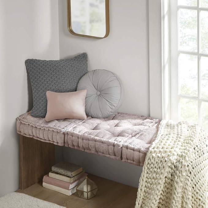 Intelligent Design Azza Floor Pillow, Large Cushions Sitting for Adults, Floor Pillow for Meditation or Yoga, Lustrous Chenille Tufted with Scalloped Edges for Bench/Chair Cushion, 20"x20"x5" Blush