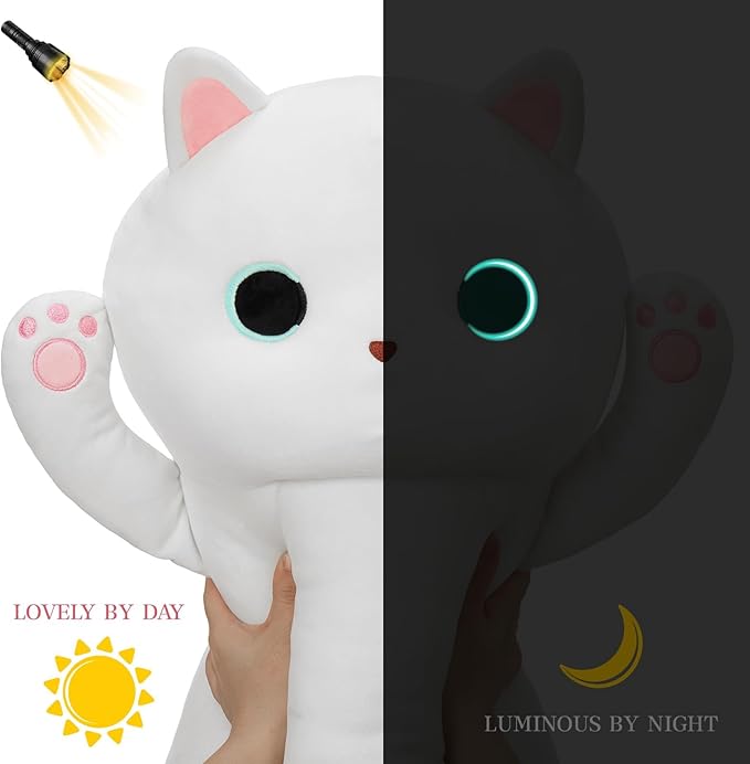 MaoGoLan Long Cat Plush Body Pillow, 44'' Giant White Glow in The Dark Cat Stuffed Animal Toy for Girl Boy Kid, Big Cute Kitty Plush Throw Pillow for Valentines Birthday Gift, Baby Shower Party Decor