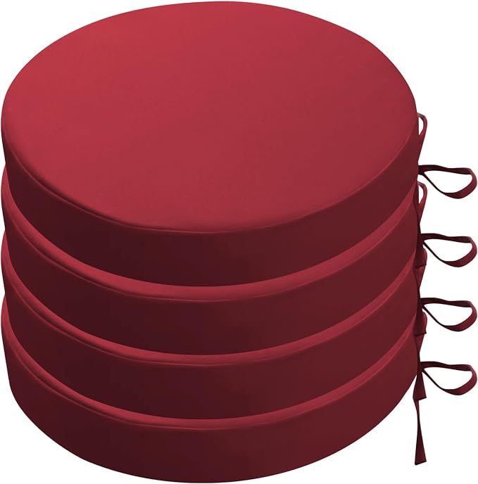 SK Studio Round Outdoor Chair Cushions for Patio Furniture, Set of 4 Waterproof Patio Chair Cushion with Adjustable Ties for Garden Sofa Couch, Wine Red, 17"x17"x3"
