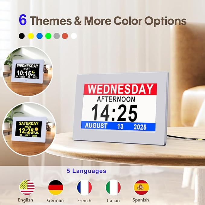 MASSII 𝗨𝗽𝗴𝗿𝗮𝗱𝗲𝗱 Dementia Clock 27 Alarms with Auto DST, DIY Custom Reminders,10 Auto-Dim Options, Non-Abbreviated Digital Clock for Elderly, Memory Battery Included (7 Inch with Remote)