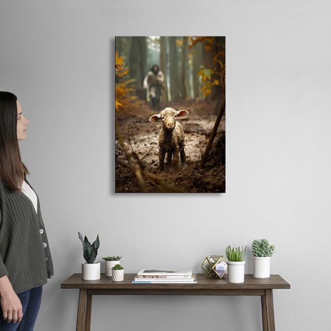 Ploceiny christian gifts for women-men,Religious canvas home decor for prayer room christmas decorations Jesus Running After Lost Lamb Picture Jesus and lamb poster wall decor A-392 (16"X24")