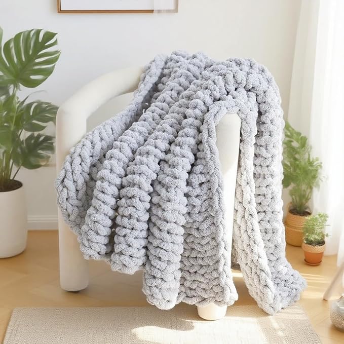 Handmade Chunky Knit Blanket, Cosy Chenille Throw (Grey, Throw (50" x 60"))