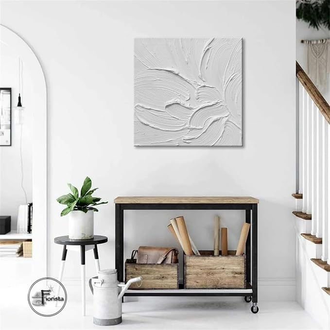 zoinart Hand Painted White Canvas Wall Art, 20x20 Inches Abstract Thick Textured Painting, Plaster Wall Art