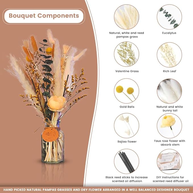 Homey Breeze Natural Dried Pampas Grass Decor with Vase - 15 Inches 23 Pcs 10 Styles, Pampas Grass with Vase Included - Small Pampas Grass for Home Decor, Wedding, Party, Birthday