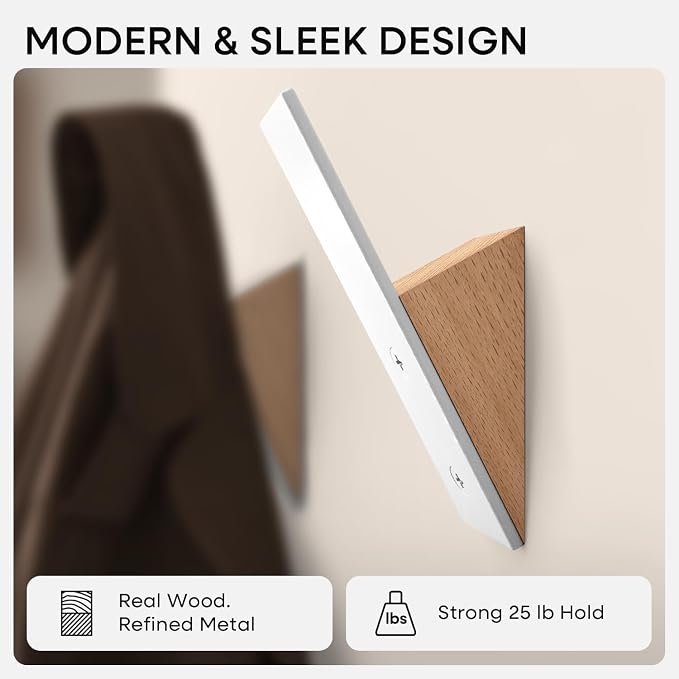 Homeforia Beech Wood Coat Hooks, High End Beech Wood & White Metal Wall Mounted Clothing Hooks, Mid-Century Modern Coat Hooks, Heavy Duty Wooden Hooks for Hanging Coats, Hats, Towels & More, Set of 2