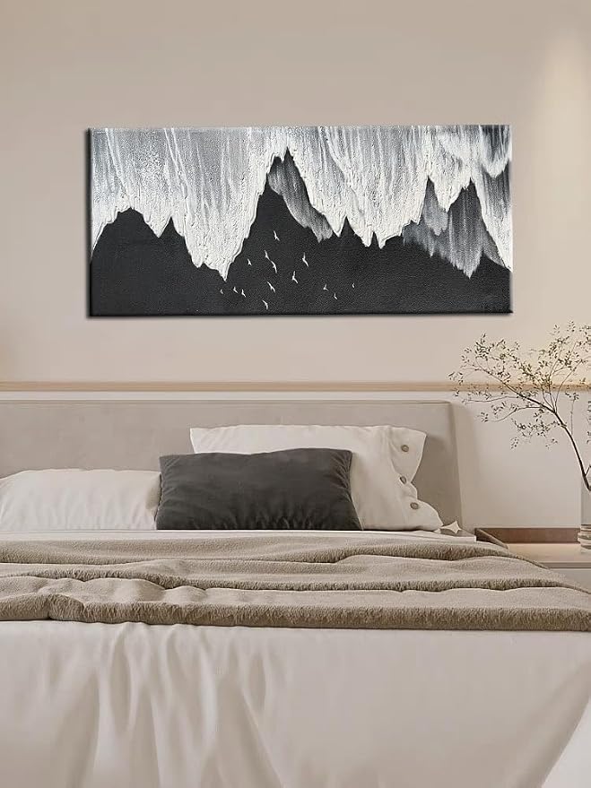 YaSheng Art - Oil Painting on Canvas Texture Black and White Ocean scenery sandbeach 3D Oil Painting Hand-Painted Abstract Artwork Paintings Modern Home Decor Living room sofa bedroom dining room hanging pictures Canvas Wall Art 24x48inch