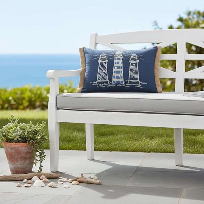 Comfy Hour Under The Sea Collection Ocean Coastal Three Lighthouses Accent and Throw Pillow Blue Decorative Cushion, 18"x13", Polyester