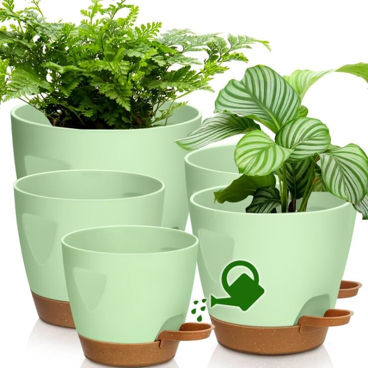 Uneed Indoor Self Watering Planters with Drainage Holes and Saucers, 7/6.5/6/5.5/5 Inch-5 Pots,for Indoor Plants, Herbs, Succulents-Green