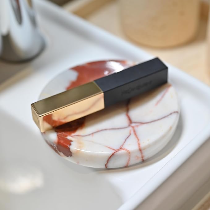 ZSHAWN Red Calacatta Viola Marble Jewelry Dish 4”, Small Trinket Tray for Rings Earrings Bracelets, Round Marble Soap Dish for Bathroom & Vanity, Decorative Catchall Dish for Home & Tabletop