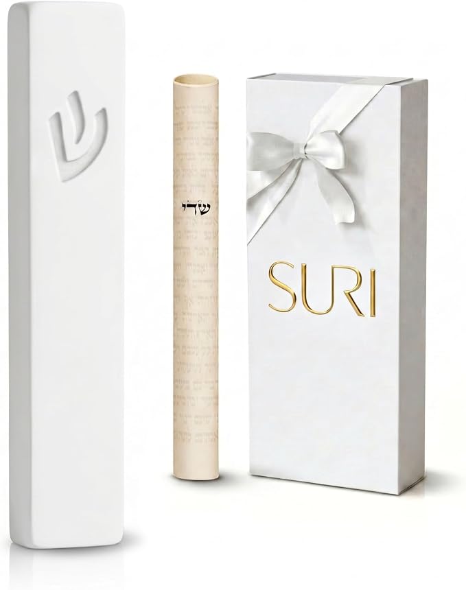 SURI Mezuzah for Door – 4 Inch White Concrete Mezuzah Case with Non Kosher Scroll, Self-Stick Jewish Entry Design, Fits a 3 Inch Scroll, Gift Box Included