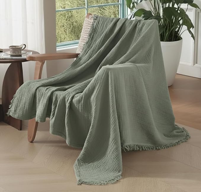 KyraHome 100% Organic Cotton Throw Blankets, 60"x80", Pre-Washed Plant Dyed, Lightweight Gauze Soft Muslin Blankets, Adults, Picnic, Travel, Summer, All Season, Sage Green