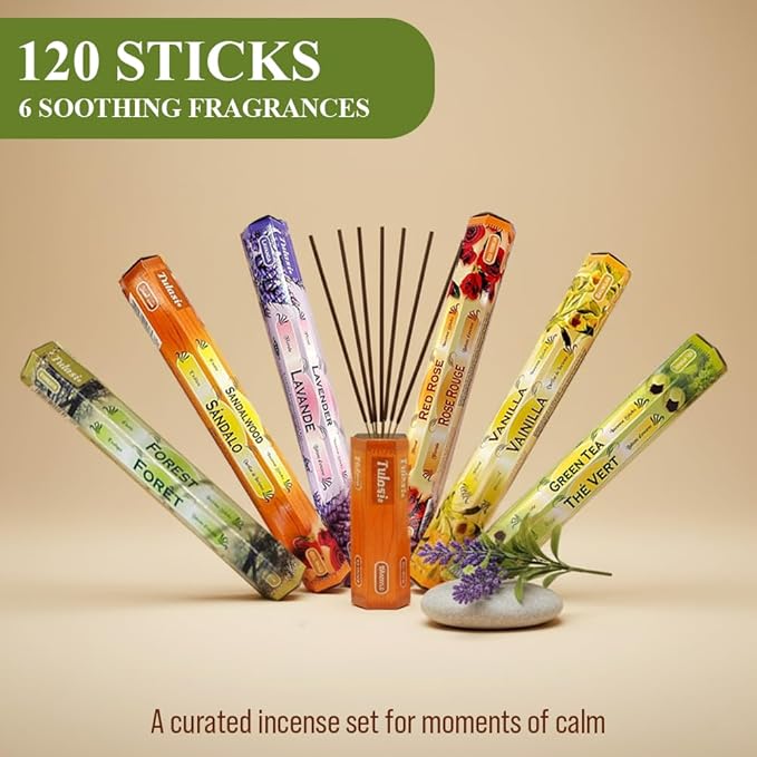 Tulasi Incense Sticks with Natural Oils Set of 6 Fragrances (120 Sticks) Hand Rolled Incense Sticks, Calming Home Aromatherapy, Meditation, Relaxing, Mixed Scents with Natural Oils