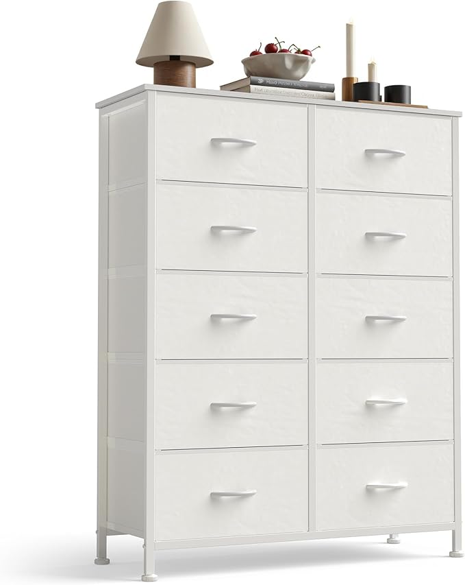 Sweetcrispy White Dresser for Bedroom, 10 Drawer Tall Dresser, Fabric Storage Tower with Bins, Chest Organizer Unit for Bedroom Closet, Hallway, Steel Frame Wood Top, Easy Pull Handle