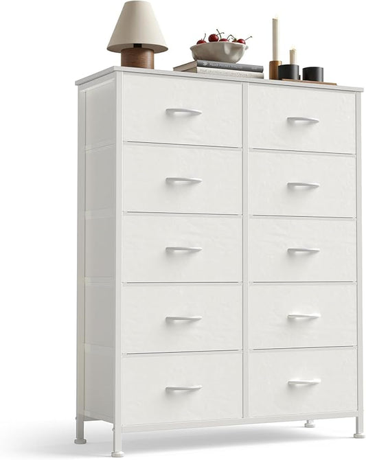 Sweetcrispy White Dresser for Bedroom, 10 Drawer Tall Dresser, Fabric Storage Tower with Bins, Chest Organizer Unit for Bedroom Closet, Hallway, Steel Frame Wood Top, Easy Pull Handle