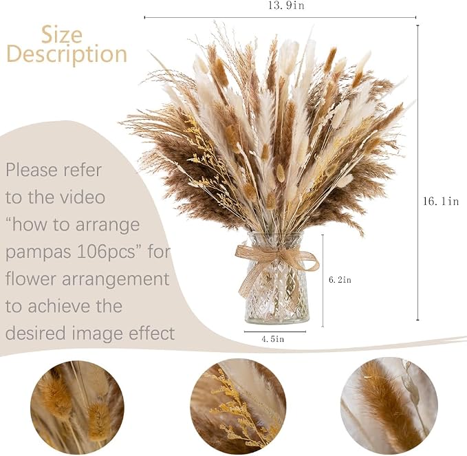 106pcs Artificial Flowers in Vase Natural Dried Pampas Grass Decor with Vase Boho Home Decor Bouquet Bunny Tails Dried Flowers, Reed Grass Bouquet for Wedding Floral Arrangements (106pcs)