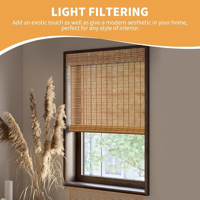 SMONTER Bamboo Roman Shades for Windows-Cordless Wooden Woven Blinds Light Filtering Bamboo Roll up Shades UV Protection and Easy Set up for Door and Countryhouse, 32" W x 64" H, Deer