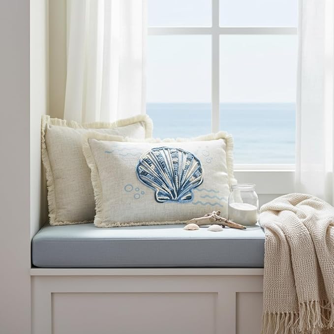 Comfy Hour 18"x13" Blue and White Scallop Shell Accent Pillow, Antique Vintage Figurine Style Home Decor, Coastal Lumbar Cushion with Removable Insert