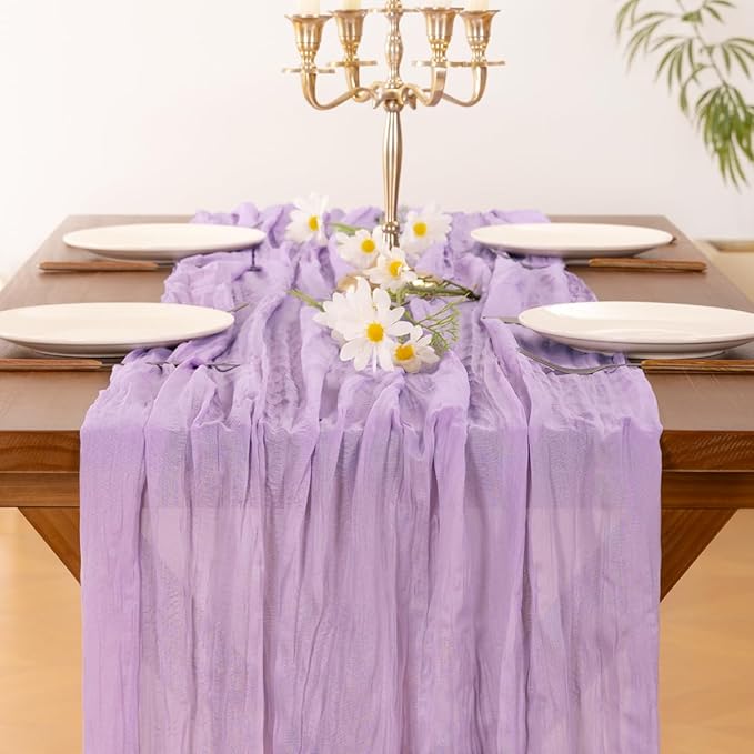 Socomi 10pcs Lilac Purple Lavender Cheesecloth Table Runner Boho Rustic Gauze 120 inch 10FT Cheese Cloth Runner for Wedding Party Baby Shower Birthday Home Decor Holiday Decorations