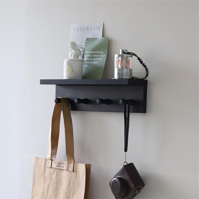 Entrance Coat Rack ，Coat Hooks, Wall-Mounted Wooden Hook Rack, Wall-Mounted Shelves are Very Suitable (Black Color Finish—A-1)