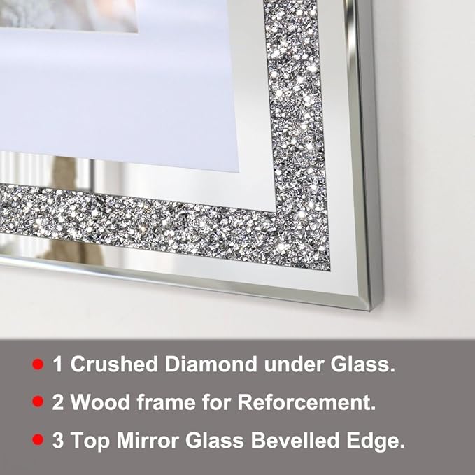 ALLARTONLY Big Mirror Photo Frame 16x20inch Mat To 11x14inch Crushed Diamond Bling Sparkle Home Decor, 2 Pack Crystal Silver Glass Wedding Picture Poster Wall Frame.