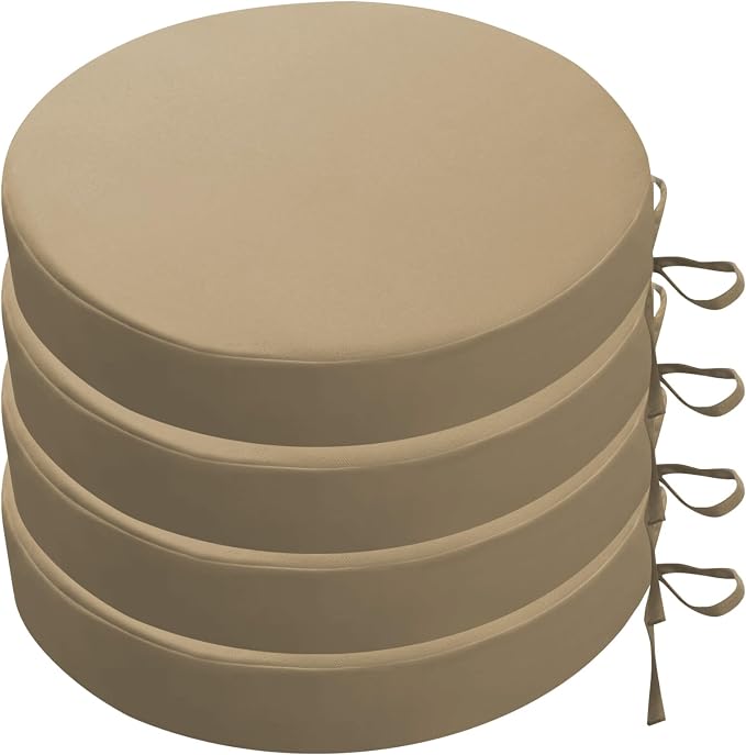 SK Studio Round Outdoor Chair Cushions for Patio Furniture, Set of 4 Waterproof Patio Chair Cushion with Adjustable Ties for Garden Sofa Couch, Camel, 18"x18"x2"