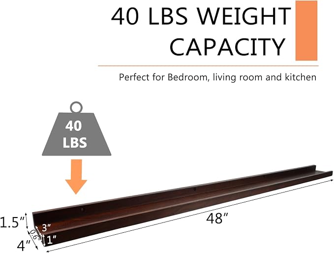 Long Floating Shelf 48 Inch Natural Wood Shelves for Bedroom, Rustic Display Books Picture Ledge Shelf for Wall Mounted, Solid Walnut Wood Shelf, Easy to Install, Walnut Color, 48 *4 *1.5 (1 Pack)