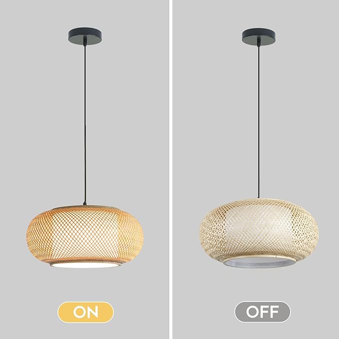 Antique Rattan Lantern Pendant Lighting – 1-Light Natural Bamboo Weave Japanese Hanging Light with Adjustable Cord, Beige Boho Ceiling Fixture for Dining Room, Living Room, Restaurant, Kitchen Island