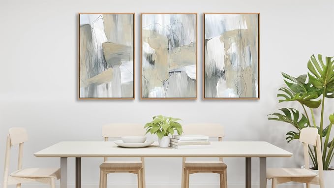 Large Framed Abstract Wall Art for Living Room Decor, Beige, 24X36inX3pcs, Neutral Abstract Painting Artwork Wall Picture, Modern Wabi-sabi Canvas Art Prints for Bedroom Bathroom Office Home