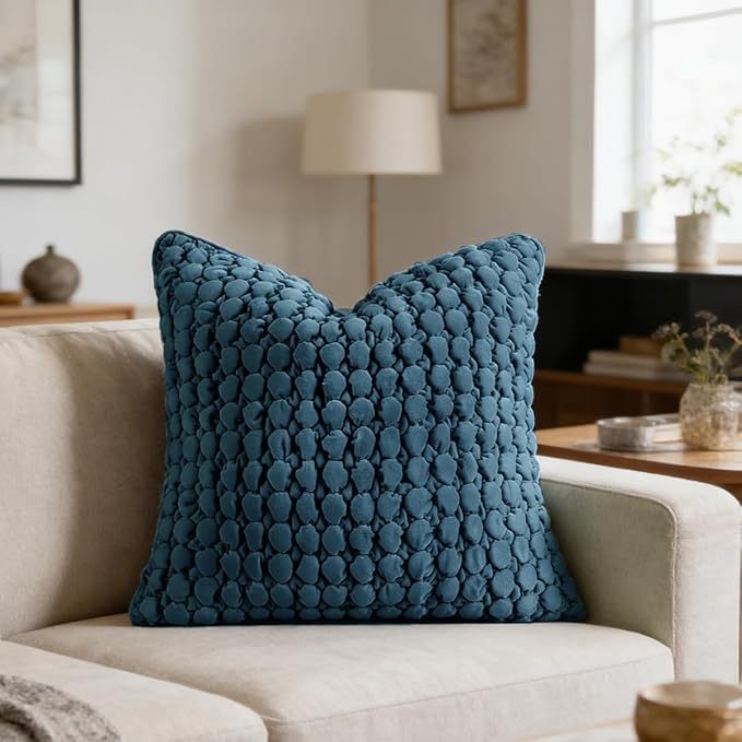 Pillow Cover 26x26 1 Piece Velvet Large Euro Sham Decorative Farmhouse Cushion Covers Soft Bubble Texture for Couch Sofa Bedroom Living Room,Blue