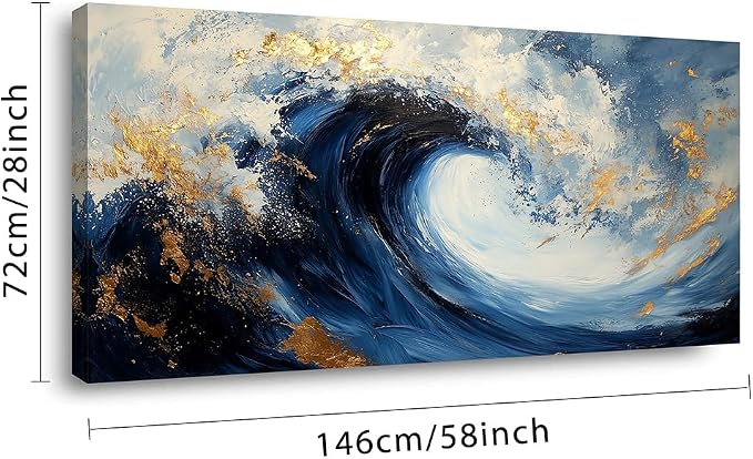Ggaafet Navy Blue Waves Wall Art for Living Room Canvas Painting Prints Beautiful Ocean Sea Gold Art Deco Modern Artwork Office Bedroom Family Room Decor Extra Large