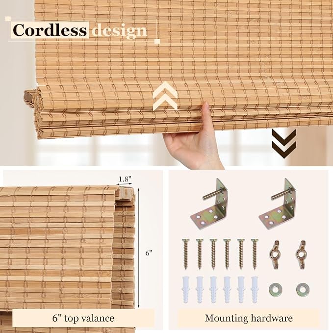 LUCKUP Cordless Bamboo Roman Blinds Shades for Indoor Windows-Blackout Room Darkening Roman Blinds with 6" Valance Cover Enhanced Privacy, 44" W x 64" H