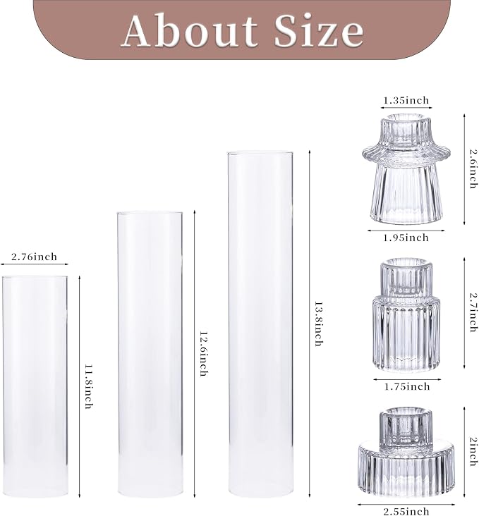 NITIME 9 Set Hurricane Glass Candle Holders for Taper Candles, Candlestick Holders with Windproof Glass Tubes(11.8"/12.6"/13.8" H), Taper Candle Holders for Table Centerpieces, Wedding, Party Decor